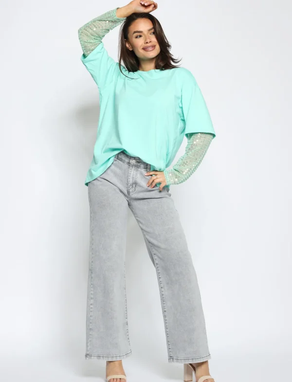 T-shirt met paillet mouw Mimi Mint