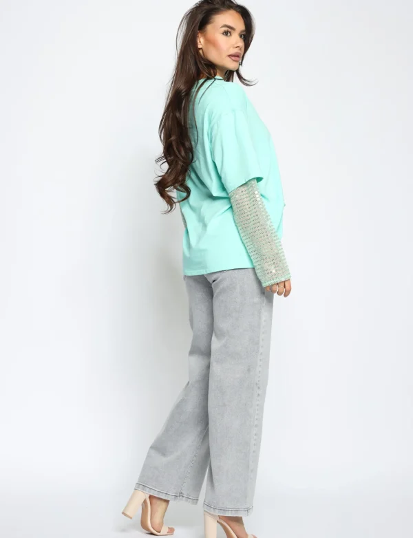 T-shirt met paillet mouw Mimi Mint